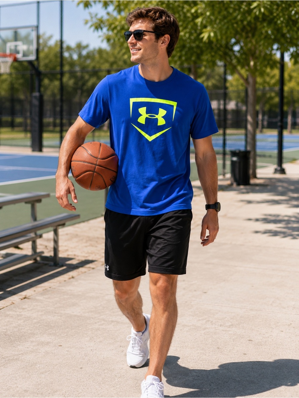 Under Armour Blue Neon Logo Loose Fit T-Shirt Men’s Medium Cotton